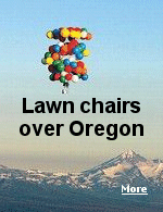 Two men flew matching lawn chairs suspended by helium-filled party balloons over Central Oregon, heading for Montana. Then, the thunderstorm started.